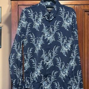 Express Mens Slim  Navy Blue Floral Button-Up Long Sleeve Collared Shirt